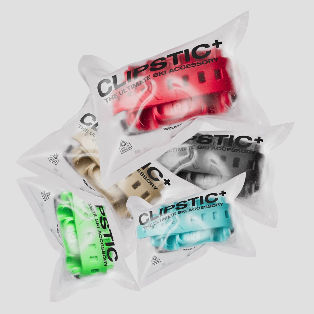 Multiple packages of Clipstic+ ski accessory on a white background clipstick ski
